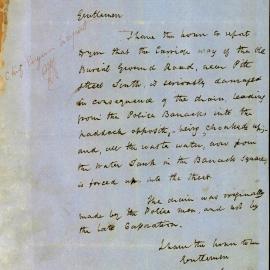 Memorandum - Carriage way at Old Burial Ground Road is damaged and drain required, 1854