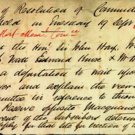 Memorandum - Deputation regarding opening of Macquarie Reserve, 1882  