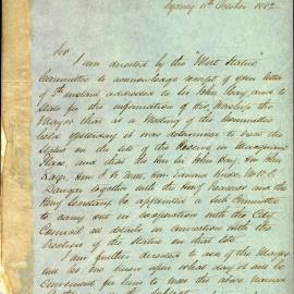 Letter - Thomas Sutcliffe Mort statue to be erected in Macquarie Place, 1882