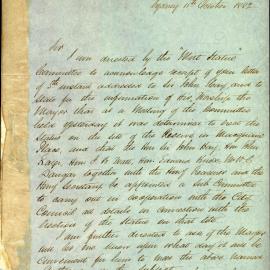 Letter - Thomas Sutcliffe Mort statue to be erected in Macquarie Place, 1882