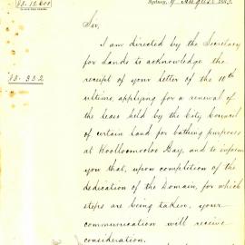 Letter - Department of Lands about leases for baths, Woolloomooloo, 1883 