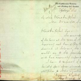 Letter: Mrs. Magney, Secretary, The Castlemaine Brewery complains to the Mayor of lack of drainage 