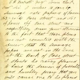 Letter: John Judd, No. 12 Myrtle St. Concerning his sewerage rate papers for premises in Rose St. 