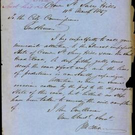 Letter - Complaint about deep filthy gully Crown Street near South Head Road, 1857