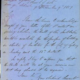 Letter: Joseph Dyer, Secretary, School of Arts, informing the Council that the Hall will be at its 