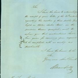 Letter: R Mansfield, Secretary, Australian Gas Light Co. to TC. Acknowledging request to erect 3 