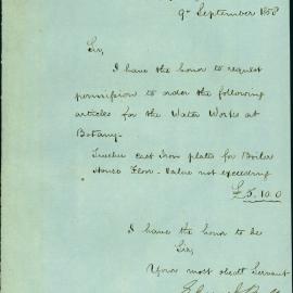 Memorandum: Edward Bell, City Engineer to Chairman Water Committee. Request permission to order boiler 