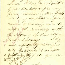 Letter -  James Barnet resigning his office as draftsman for new Town Hall, 1859