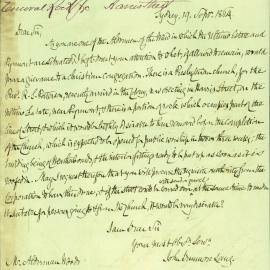Letter: John Dunmore Lang, Sydney, requests the removal of rock in Harris St and the road surfaced 