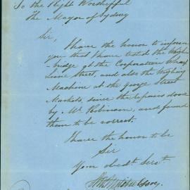 Letter: Thomas Mitchelson, Inspector of Weights & Measures, George St., reports that he tested the 