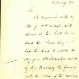 Letter - New South Wales Treasury proclamation of smallpox on the Prince George, 1867