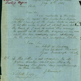 Letter: J. Kavanagh, Secretary Australian Volunteer Fire Company No.1 requesting that instructions 