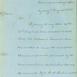 Letter: Henry Halloran, Colonial Secretary's Office to TC. Directed to state that sum of £1000 will 