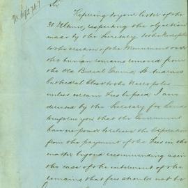 Letter - Payment for placing a monument at the Necropolis over remains from Old Burial Ground, 1869