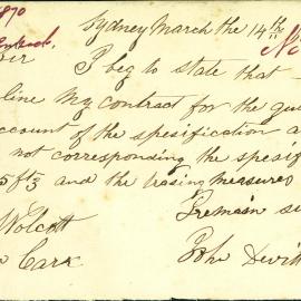 Letter: John Devitt, 26 Burrahpore Street, Woolloomooloo wrote concerning his Tender for the 