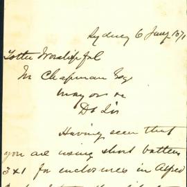 Letter: S. Dickson offering battens of a more suitable size for the enclosures in Alfred Park.