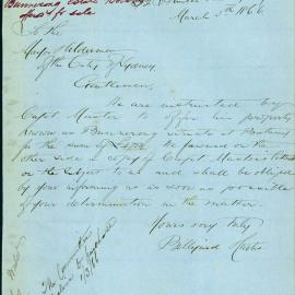 Letter: Billyard and Curtis, on behalf of Captain Master, offer Council the property known as 
