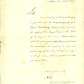 Letter - Gazette Extraordinary containing the reply of Duke of Edinburgh to Loyal Address, 1868