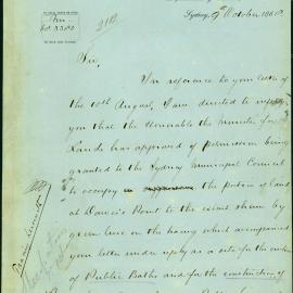 Letter - Permission for erection of public baths, Dawes Point, 1868