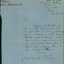 Letter: J Palmer 85 Nelson Rd, Emerald Hill Melbourne, requesting return of his testimonials 