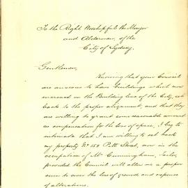 Letter - John Stuart application to set back property, 158 Pitt Street Sydney, 1871