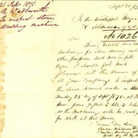 Letter: A Wadsworth, Darling Harbour Stone Works, Hay St inviting the Mayor and aldermen to inspect 