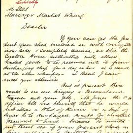 Letter - Request to cover and secure shed at Market Wharf for goods storage, 1874