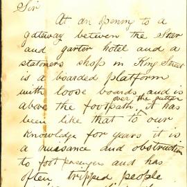 Letter: A. Walker requesting removal of obstruction caused by boarded platform over the gutter 