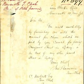 Letter: Jno Burrowes, Town Clerk, Newcastle to TC Sydney. I would be much obliged to be advised of 