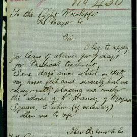 Letter - J Murphy, Cambrian Lodge to Mayor - application for 7 days medical leave, 1871 