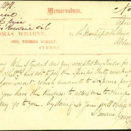Letter: Thomas Wearne, 609 George St to Mayor. When I tendered to supply Kerosine Oil and other 