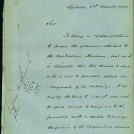 Letter: James Barnet, Colonial Architect, Department of Public Works, Sydney, requests a sketch showing 