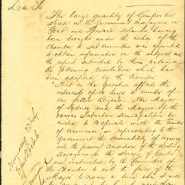 Letter: Sydney Chamber of Commerce re the large quantity of gunpowder stored in Government 