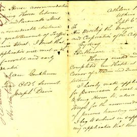 Letter: Joseph Davis requesting permission to install a horse trough and rails in front of his new 
