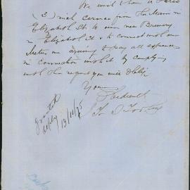 Letter: Toohey & Co requesting a 3 month service from the main in Elizabeth Street to the new 