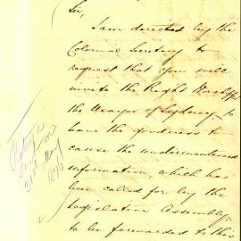 Letter: Henry Halloran, Colonial Secretary's Office, requesting a return showing: 1) the number of