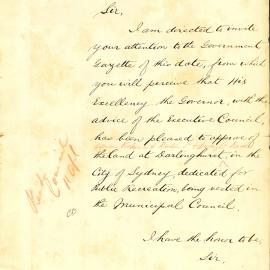 Letter - Land between Victoria and Burton Streets on Darlinghurst Road dedicated for public recreation, 1876