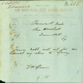 Letter: D. McQuarie notifying the Council by telegraph that James Noble will act for him until his 