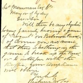 Letter – Richard McCoy requesting permission for his family to play croquet on Belmore Park, 1877