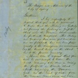 Letter: Agnes Simmons 170 Woolloomooloo St, requesting kerbing, guttering and formation of the 