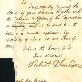 Letter - Invitation to witness a 'monster explosion' by electricity of 80,000 tons of stone, Sydney, 1878
