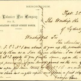 Letter – Request by Sydney Volunteer Fire Company to take up residence in York Street Sydney, 1878