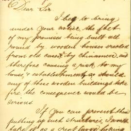 Letter - Complaint by John Robertson about fire risk to factory, 483-489 Pitt Street Haymarket, 1879