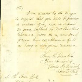 Letter: Charles Hellmrick, Council Clerk Paddington wrote to request Council deposit no more 