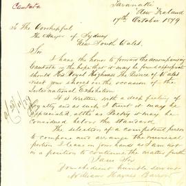 Letter - Forward of a cantata for visit of Prince of Wales, 1879