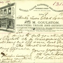 Letter - Complaint of water cut off, M Goulston, Tailor and Outfitter, Market Street Sydney, 1880
