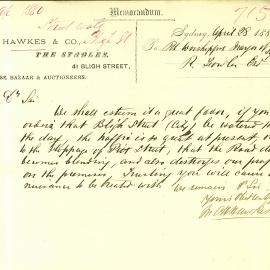 Letter: Hawkes & Co, The Stables, 41 Bligh Street, requesting that Bligh Street be watered as 