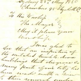 Letter: D Buchanan, Chambers, 95 Elizabeth Street, drawing attention to some derelict houses in 