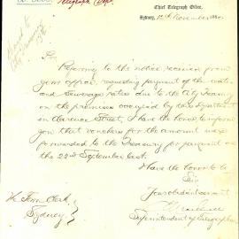 Letter: Chief Telegraph Officer advising that water and sewerage rates for the Clarence St premises 