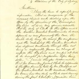 Memorandum - Need for permanent officer at Fist Markets Woolloomooloo to inspect, 1880
